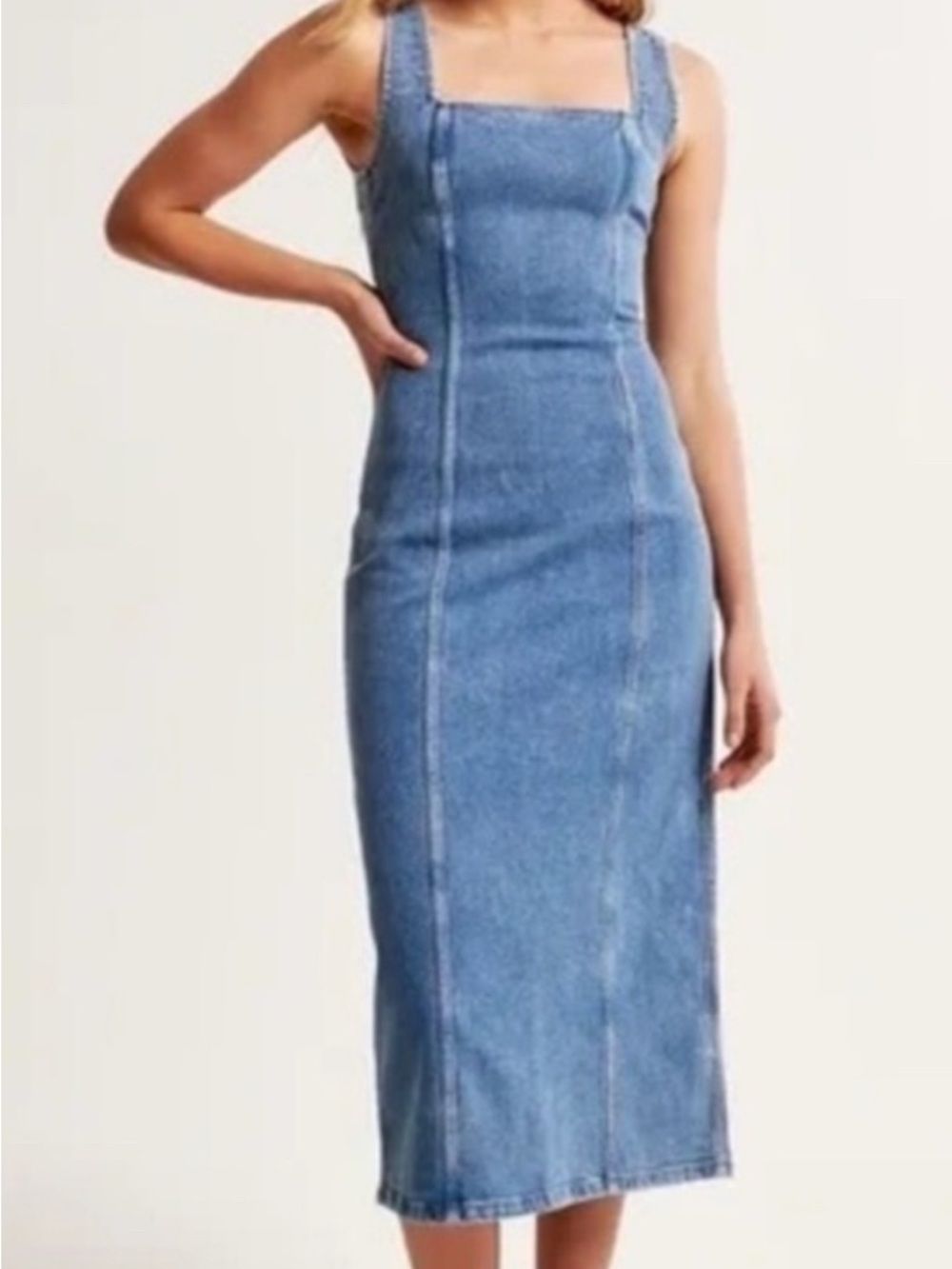 Abercrombie & Fitch Blue Denim Square-Neck Midi Dress